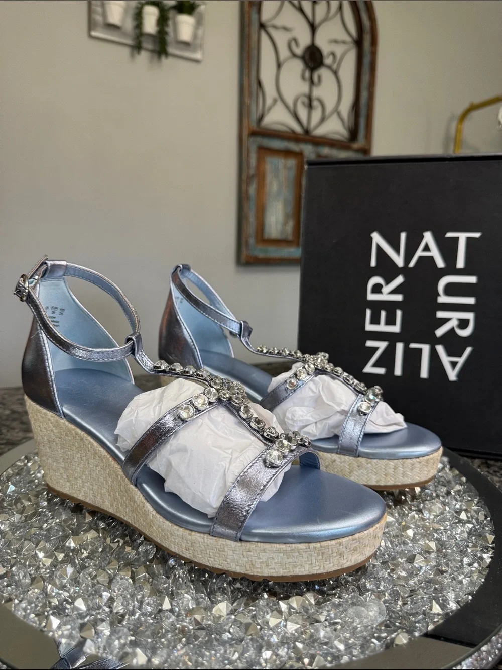 Naturalizer Serena Metallic blue Silver Jeweled Wedge Sandals NEW 8.5